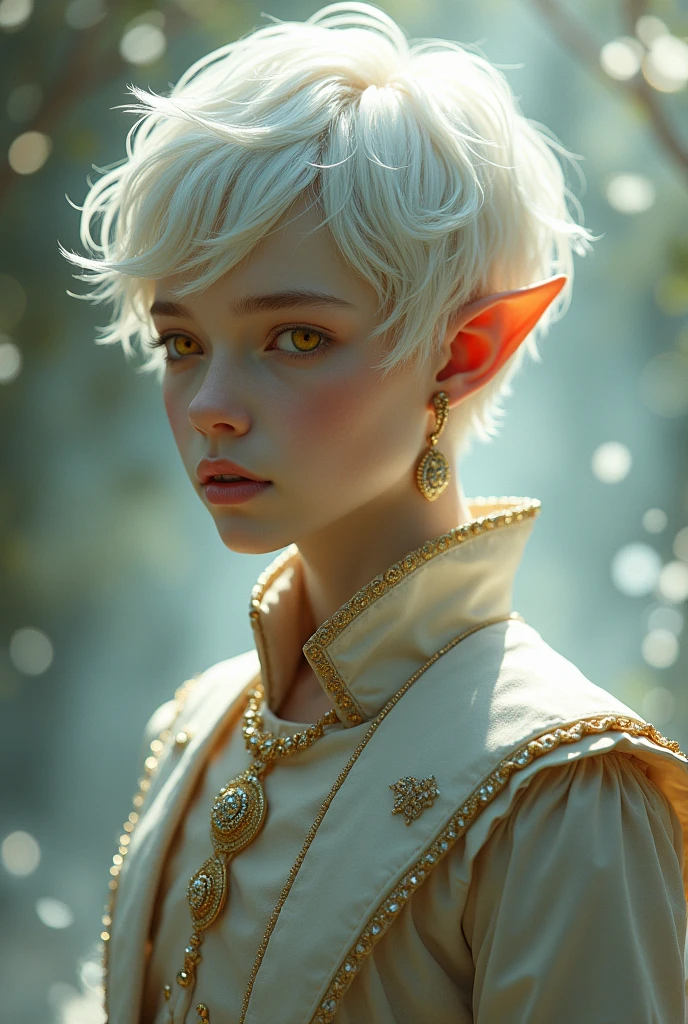 Man, elf, yellow eyes, jewerly, soft light, short pretty white hair, tanatsy formal clothes, soft but sharp featured face, boy