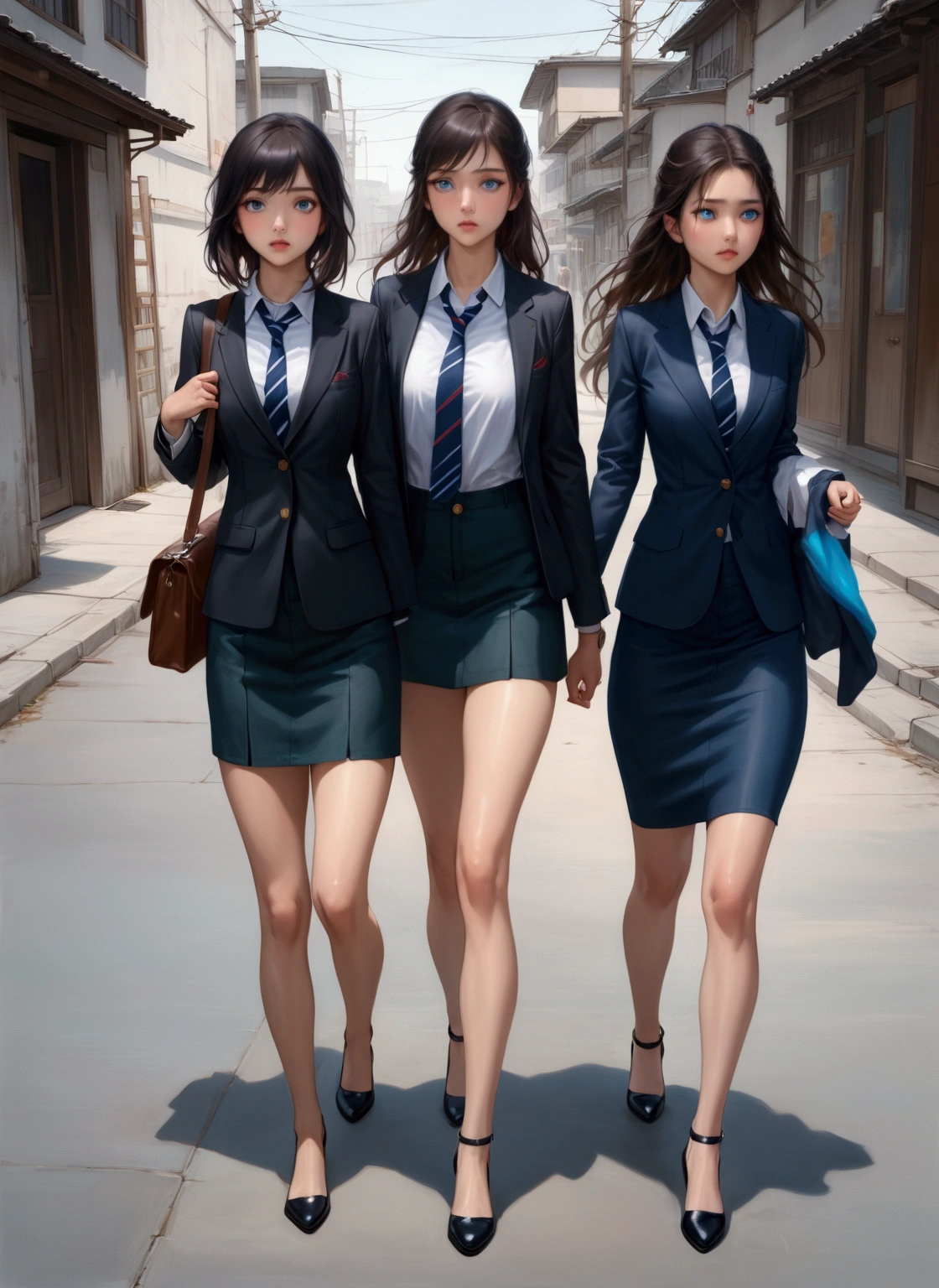 realistic anime illustration of 2 student girls are walking together outside their school, they are in black long hairs (+foreheads) , wearing white shirts, navy-blue neckties, navy-blue pencil skirt, and black heels, (one girl wears navy-blue blazer), (2girls, full body), (masterpiece, best quality, japanese anime style), (expressive eyes, perfect face)