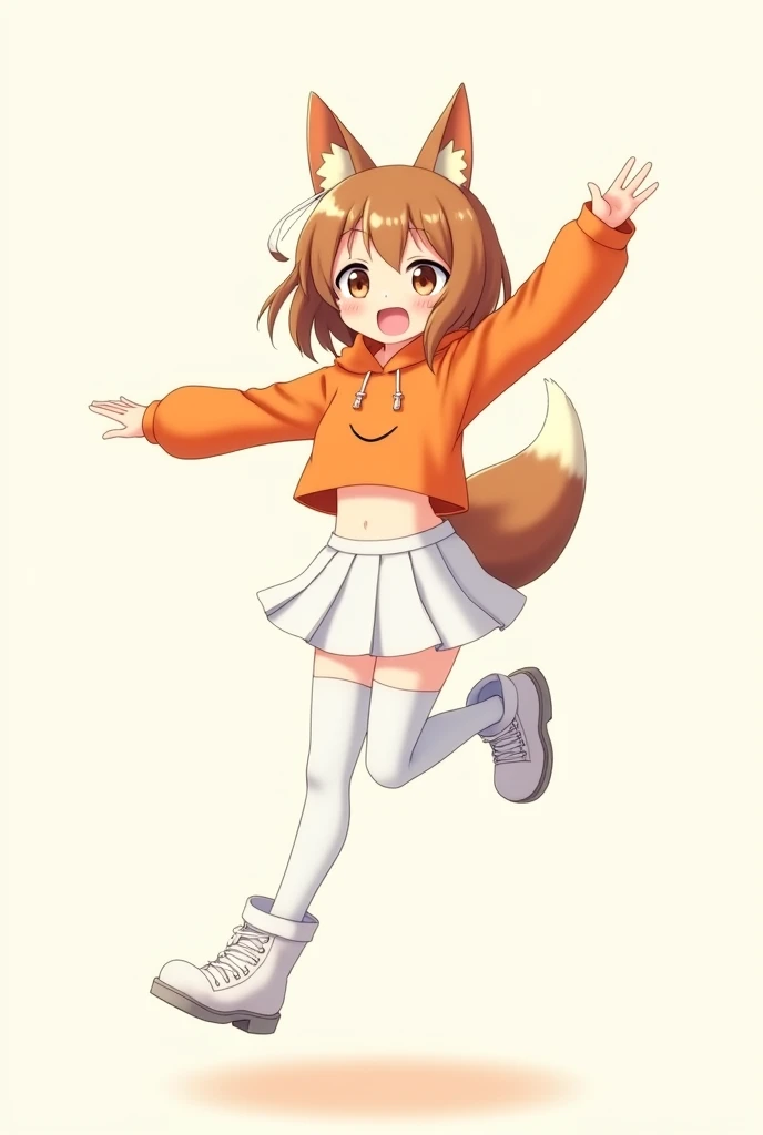 anime girl have a smiley face with a fox ear wearing an orange crop hoodie, white short skirt, stocking, white boots. Jump pose no background