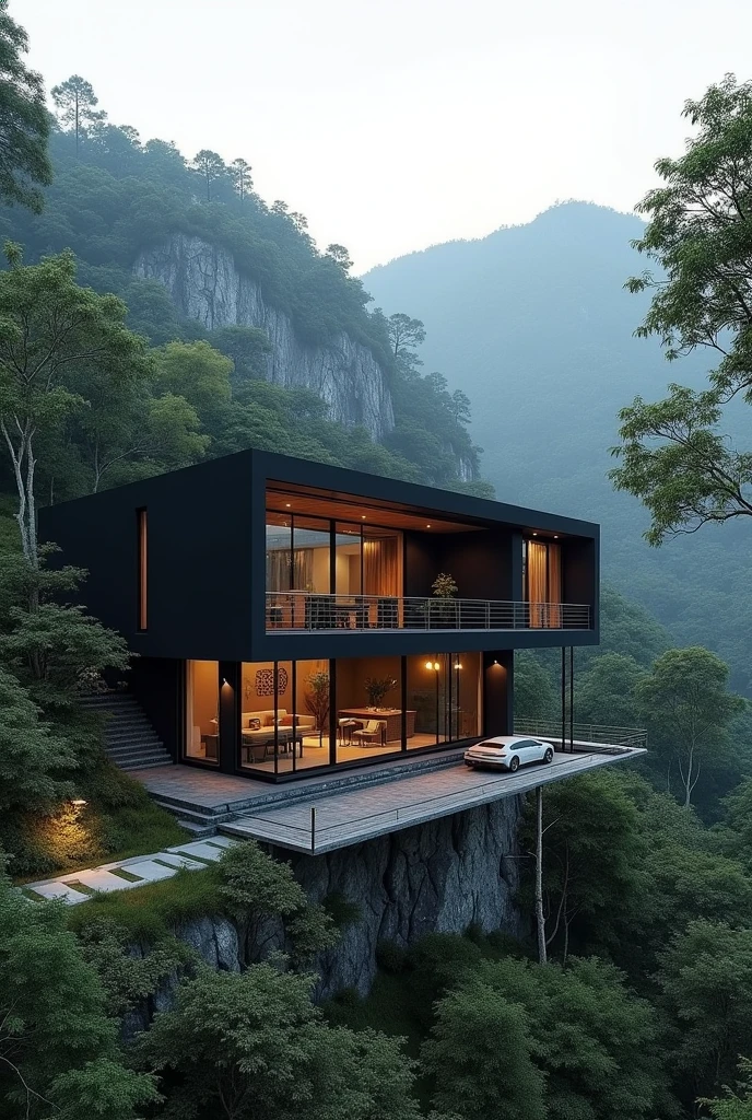 A modern villa house ,medium size ,black and gray color,under 5 lakh budget,on a mountain forest site in india