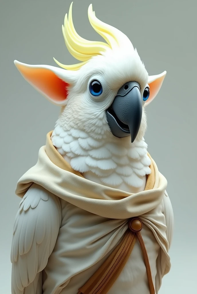 White parrot with blue eyes and big ears down dressed like Anaximander