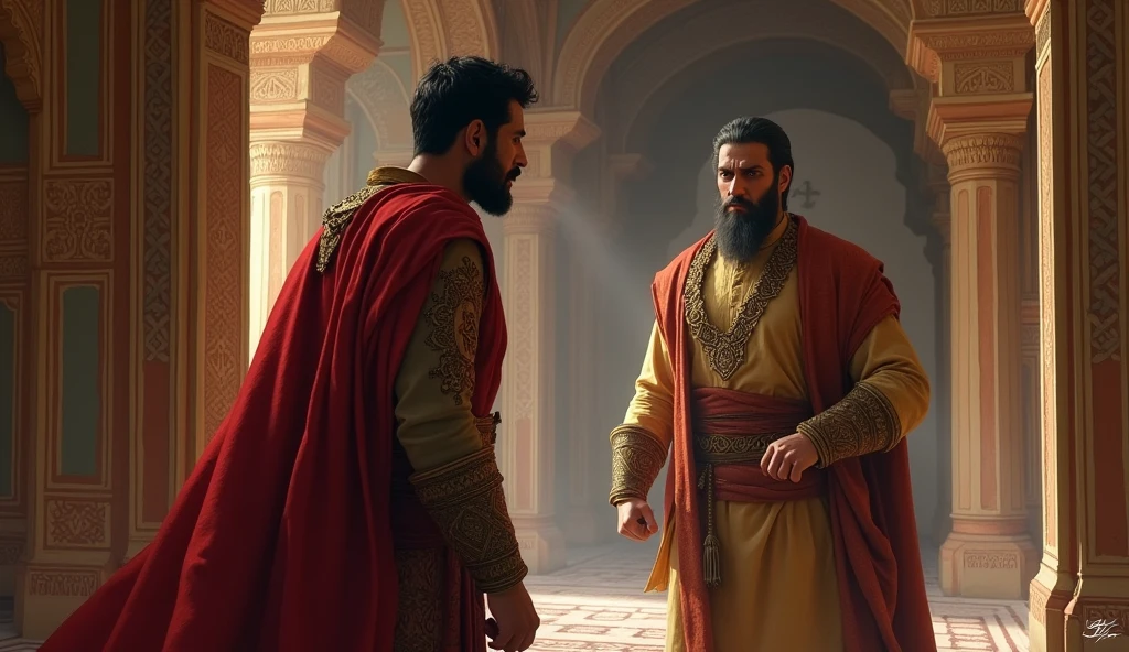 Akbar and Yusuf's Encounter - King Akbar and Yusuf crossing paths in the palace corridor; Akbar’s expression shows annoyance or displeasure as he sees Yusuf.