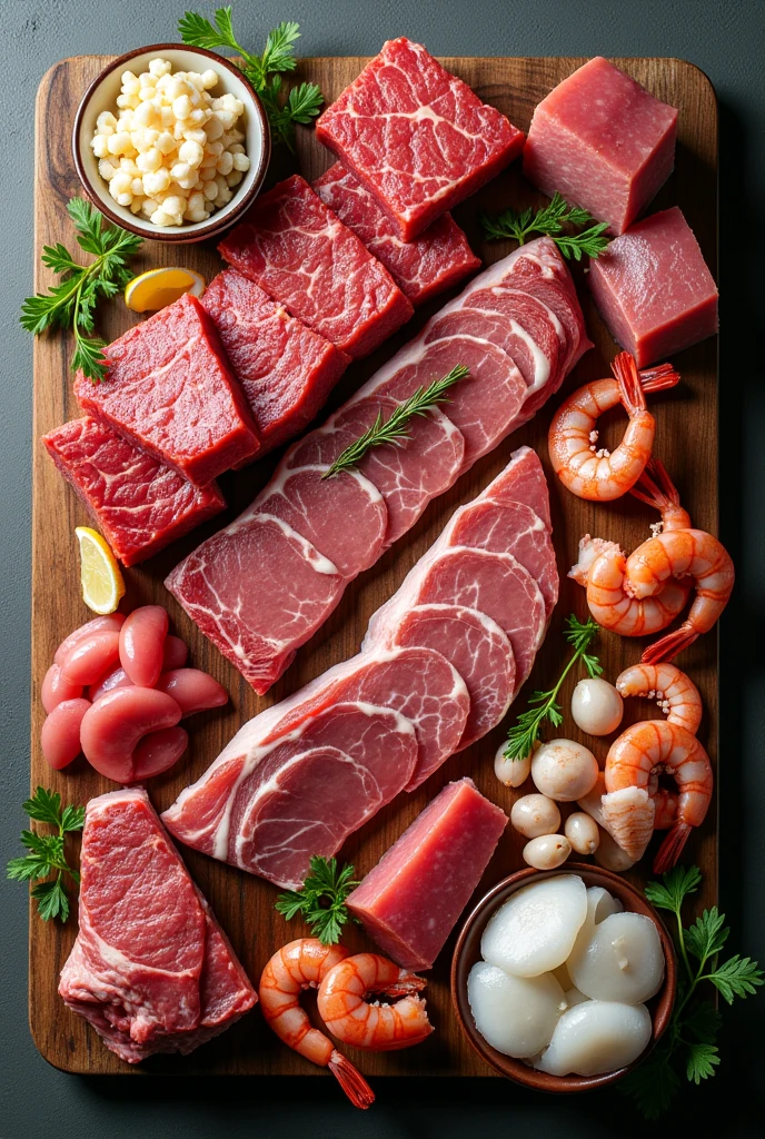 Background image with realistic different meat and sea food with more blank space in middle