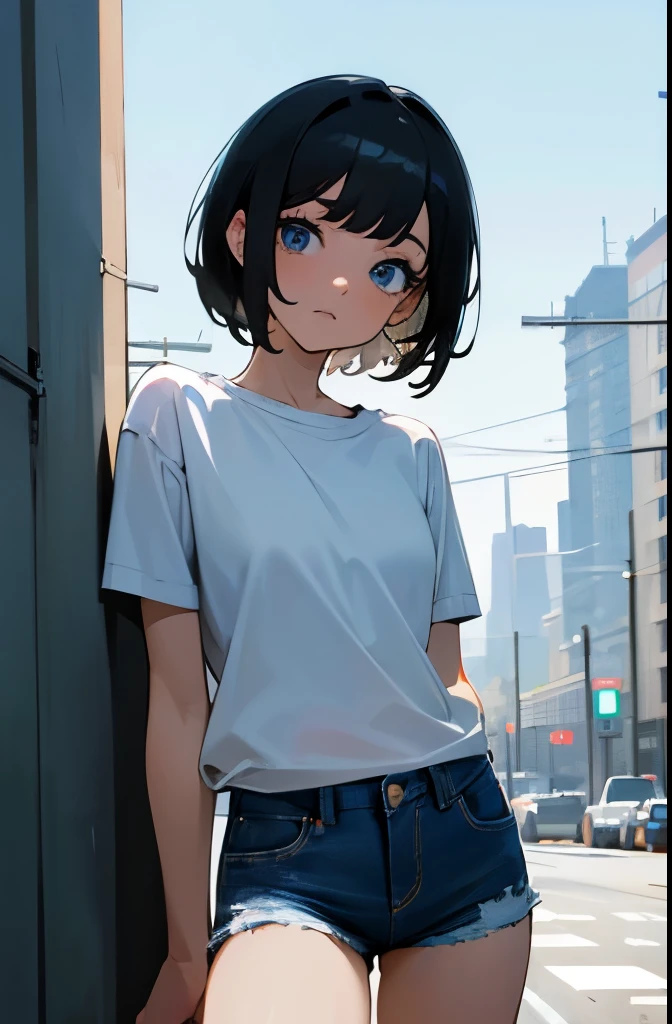 1 girl,short black hair,blue eyes,wearing plain white shirt,denim shorts,city,absurdres,high res,ultrasharp,masterpiece,looking at viewer,8K