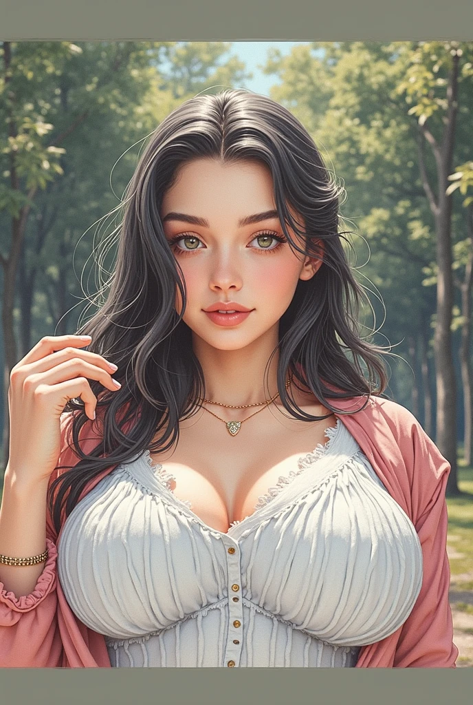 girl with long black hair, large breasts, taking a selfie