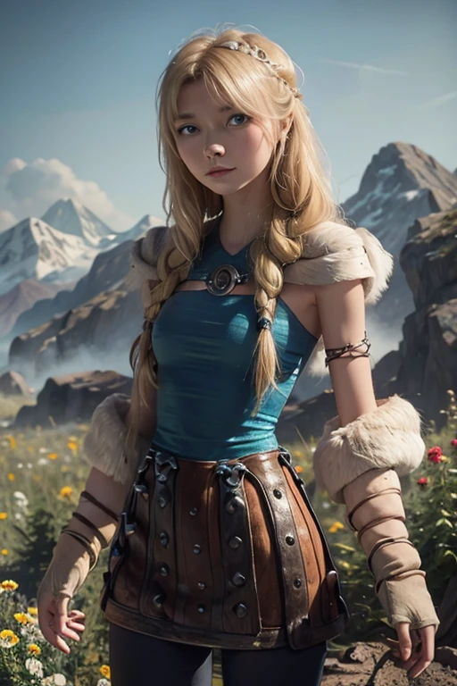 astrid hofferson, naked, Skinny body, small bust, very feminine, beautiful passage, the flowers shine, mountains in the distance