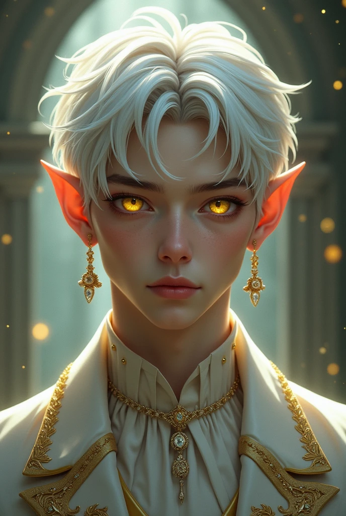 Man, elf, yellow eyes, jewerly, soft light, short pretty white hair, tanatsy formal clothes, featured face, boy