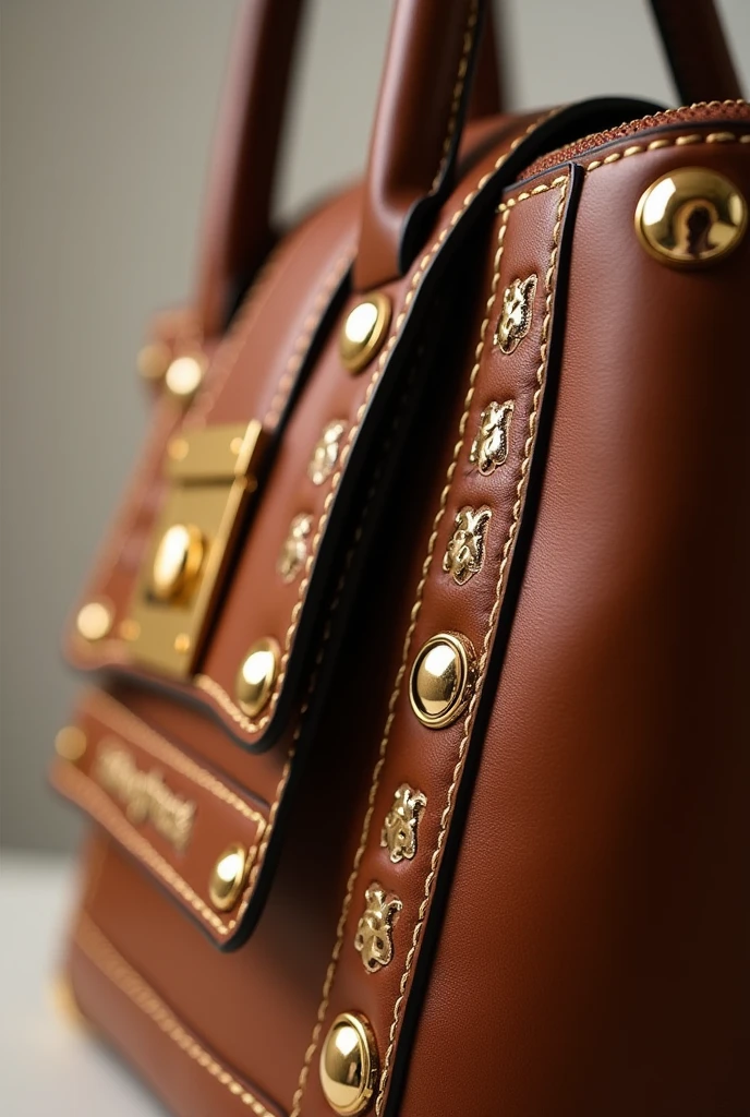 Close-up of the gold stitching and hardware on the luxury handbag