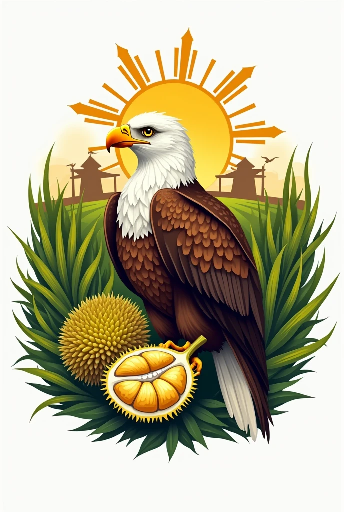 Logo for farming, with philippine eagle, durian fruit and rice mills