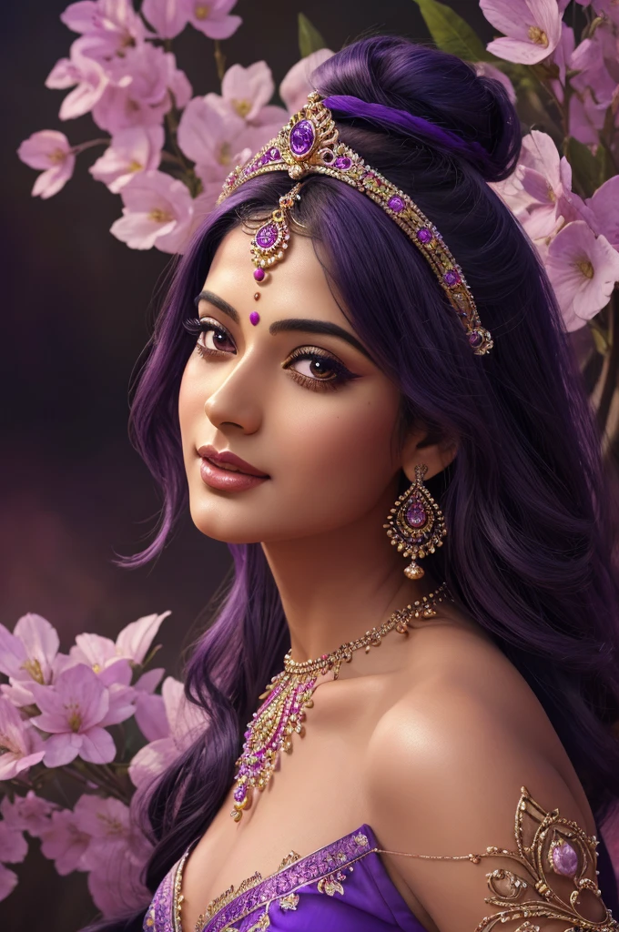 a close up of  Krishna in a purple dress with a headpiece, 4k highly detailed digital art, beautiful digital artwork, beautiful art uhd 4 k, 8k high quality detailed art, 4k detailed digital art, 8k stunning artwork, beautiful gorgeous digital art, colorfull digital fantasy art, beautiful fantasy art portrait, beautiful digital art, gorgeous digital art