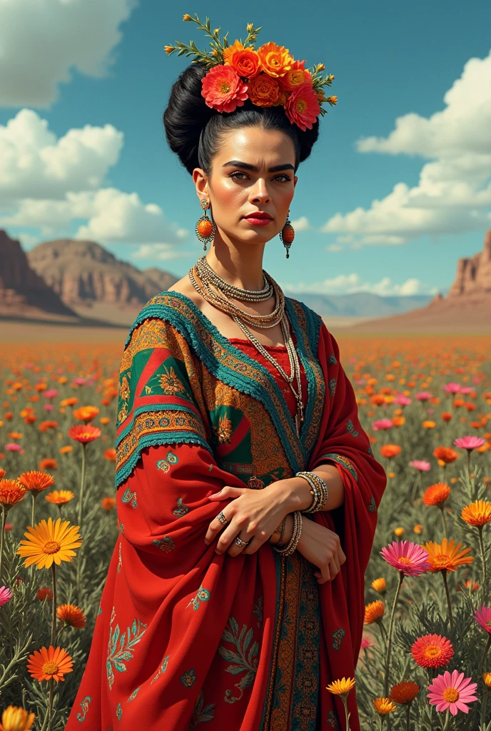 Imagine Frida Kahlo, adorned in her colorful traditional Mexican attire, standing in a desert during a rare bloom. The barren landscape is suddenly alive with vibrant wildflowers in every shade, a stark contrast to the arid surroundings. Frida's bold, floral headdress mirrors the natural beauty around her. Her intense gaze, framed by her famous unibrow, reflects the resilience and passion she is known for, as she stands amidst this fleeting, yet stunning, display of life
