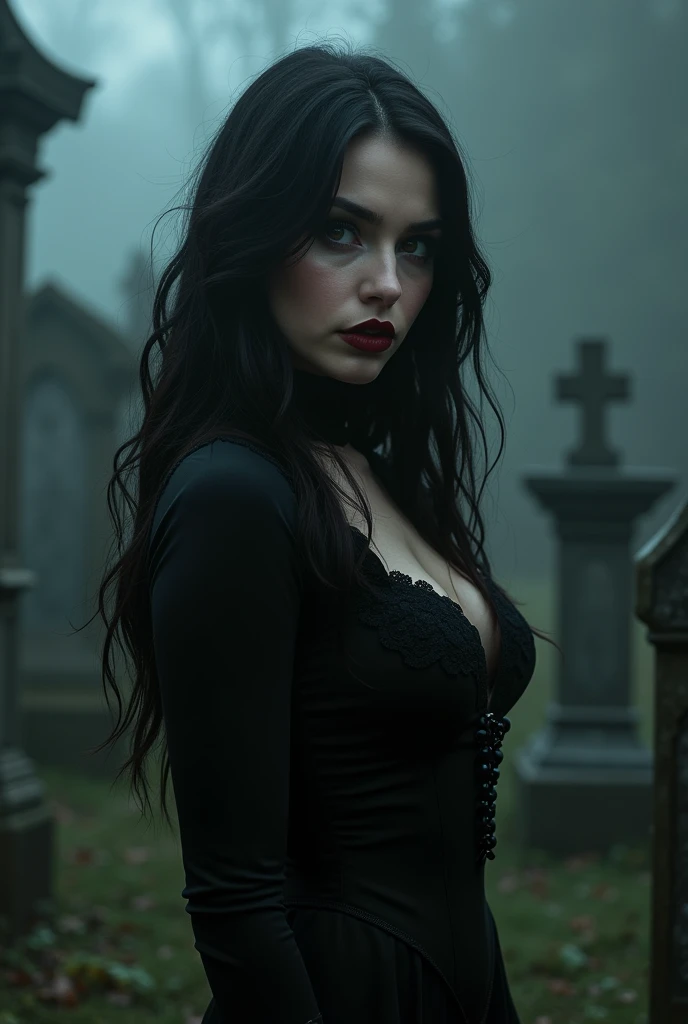 ultra realistic, photography, portrait, close-up, extreme close-up, long black straight hair, (30 years old, hazel eyes, hourglass figure, perfect fit body, natural big breasts), femme fatale, she is dressed as Morticia Addams, she is standing on a graveyard