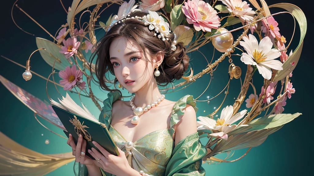 32K, 最高quality, 最高masterpiece, (ultra-Detailed Background, Detailed Background), High resolution, Super detailed, Very detailedな, 1 personの, (bouquet:1.3), (Tangled:1.2), (Geometric:1.2),(colorful),(masterpiece, quality, best quality, Official Art, Beautiful and beautiful:1.2), (1 person:1.3), Very detailed,(colorful:1.1)(Flowers:1.3),Most detailed,(Tangled:1.2), whole body, (Abstract background:1.3), (Skin glows), (Many colors:1.4), ,(Earrings Pearl:1.5), Light green background, It's imaginative., Brunette Hair, Updo, Holding a book, Holding a pen, Satin shirt