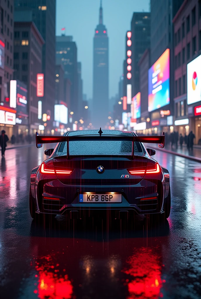 Bmw m competition black and red in new york city full rainy weather in gaming computer with full rgb gaming room