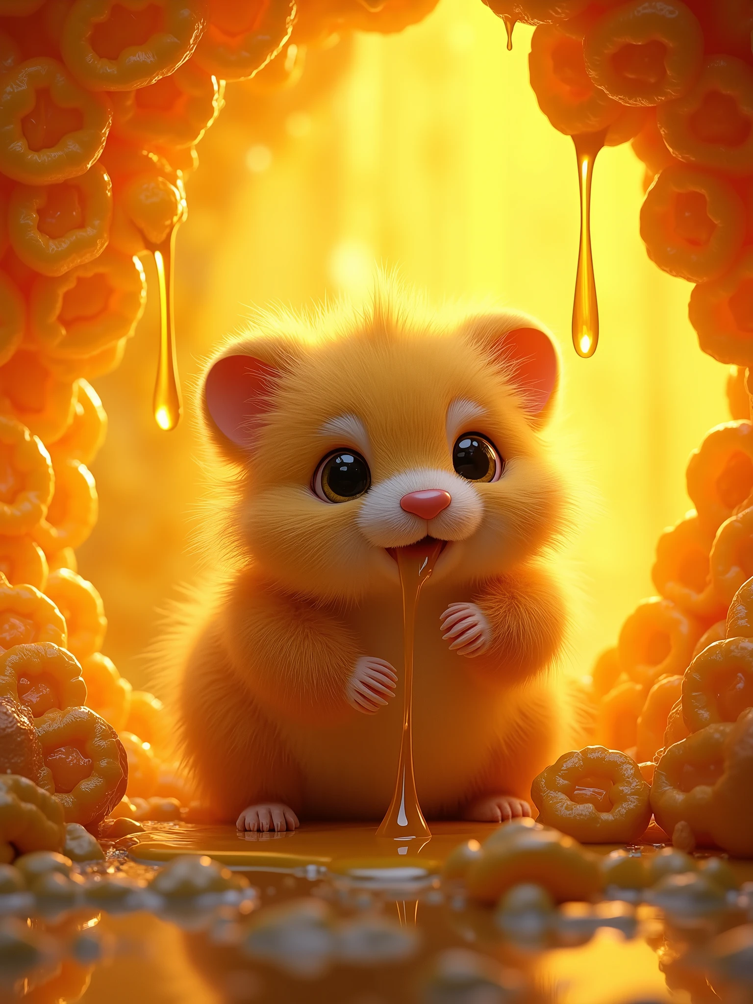 a fluffy animal, eating honey in honeycombs, drops of honey dripping down.in neon style