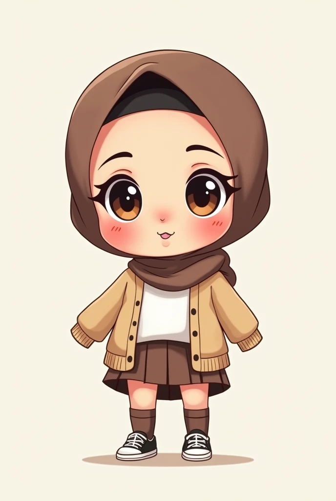 Cartoon with text: 
(masterpiece, best quality, 4k, expressive eyes, perfect face, 2d style, flat style, hand drawn), Cute and adorable face, big detailed eyes,, Cute little cartoon girl, with brown hijab on, bangs, wearing oversized beige cardigan, white shirt, brown skirt, ((brown socks, long socks)), sneakers, showing her panties, pulling up her skirt, upskirt, exposed legs, white underwear, kneeling down, sucking a dick, blowjob 