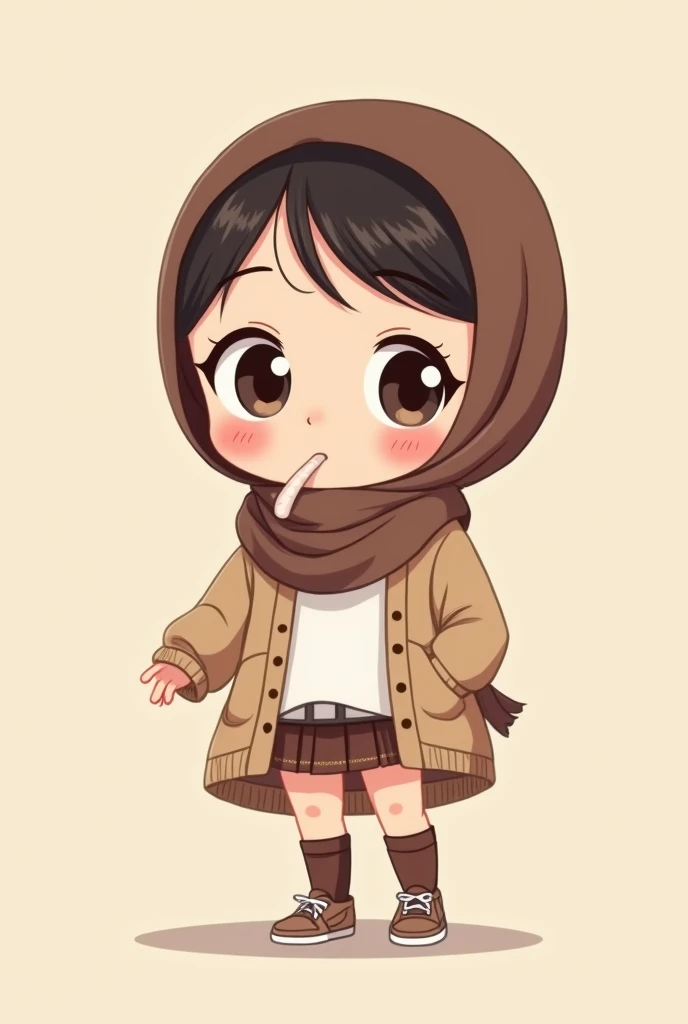 Cartoon with text: 
(masterpiece, best quality, 4k, expressive eyes, perfect face, 2d style, flat style, hand drawn), Cute and adorable face, big detailed eyes,, Cute  cartoon girl, with brown hijab on, bangs, wearing oversized beige cardigan, white shirt, brown skirt, ((brown socks, long socks)), sneakers, showing her panties, pulling up her skirt, upskirt, exposed legs, white underwear, kneeling down, sucking a dick, blowjob 