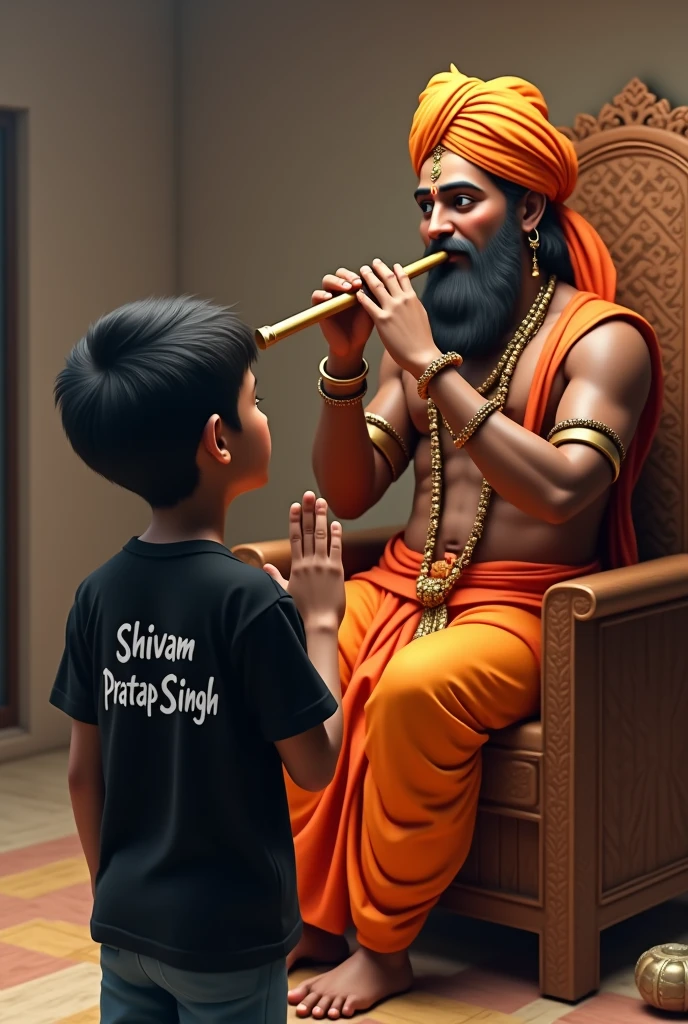 3RD PROMPT :- create a 3D realistic picture “A 15 years boy is worshiping bholenath ji eyes open  and bholenath ji is sitting on a chair  and playing flute and "shivam pratap singh” is written on the boy’s  black t-shirts and the boy is worshiping and in the “shivam pratap singh ” is written in bold font clearly, make sure everything should be correct