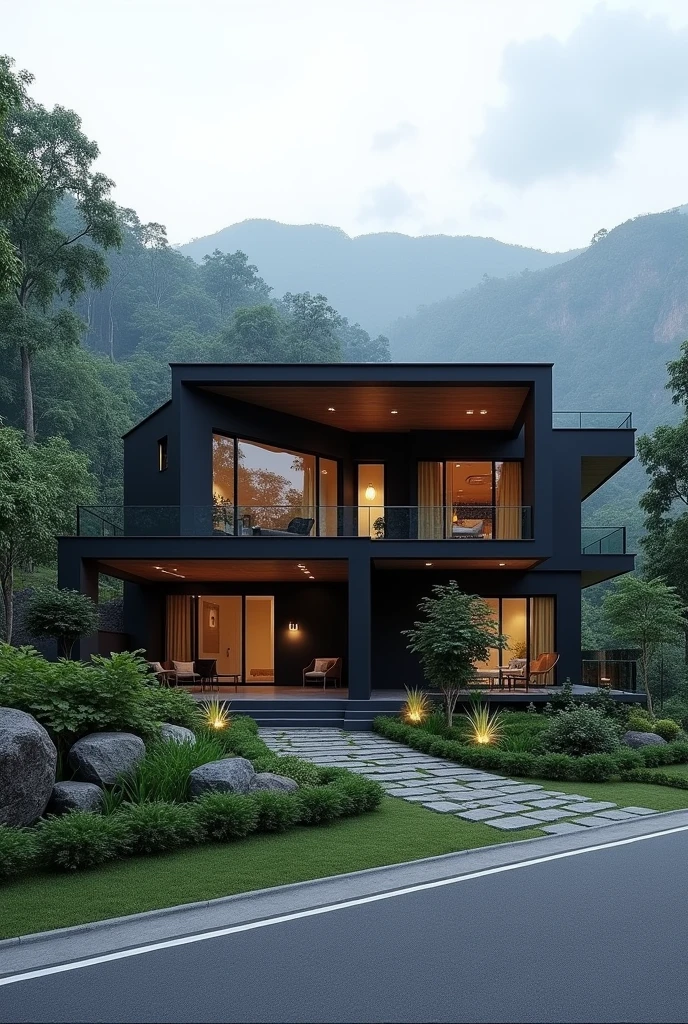 A modern villa house ,medium size ,black and gray color,under 5 lakh budget,on a roadside mountain forest site in india
