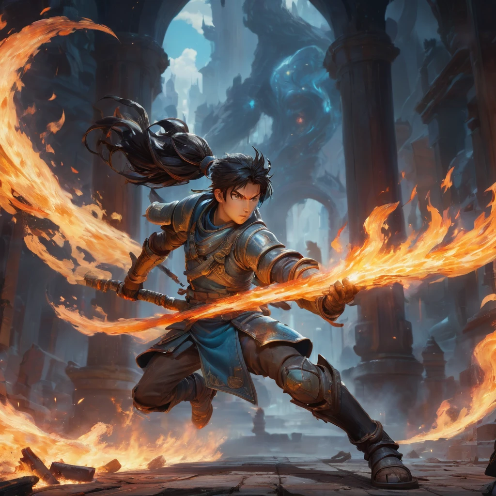 Hero of Another World, Weapon, fire, Motion Blur, best composition, (best quality, masterpiece, Representative work, official art, Professional, Ultra intricate detailed, 8k)