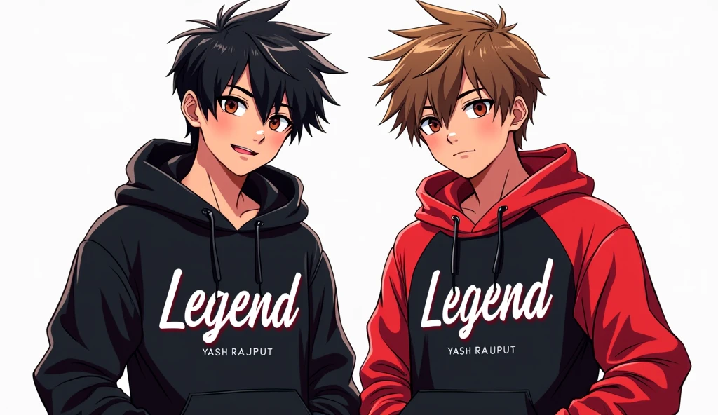 A vibrant and engaging anime-style 2 boy .He iswearing a black and red hoodie with the Channel name Legend Yash Rajput ' 'Legend Yash Rajput' aesthetic with professional lighting, making the character stand out. The image is highly engaging and attract Show full body
