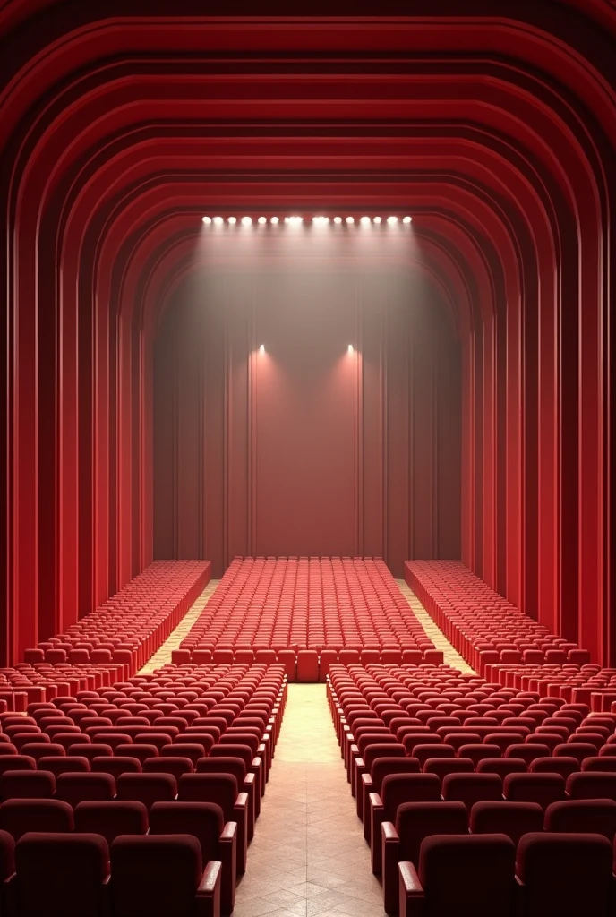 3d design of theatre that has 1078 seats and the first row has 25 seats and add 8 after 25 as the seats goes up to reach the 1078 seats and curved design simple the pov is on the stage 14 coloumns only countable


