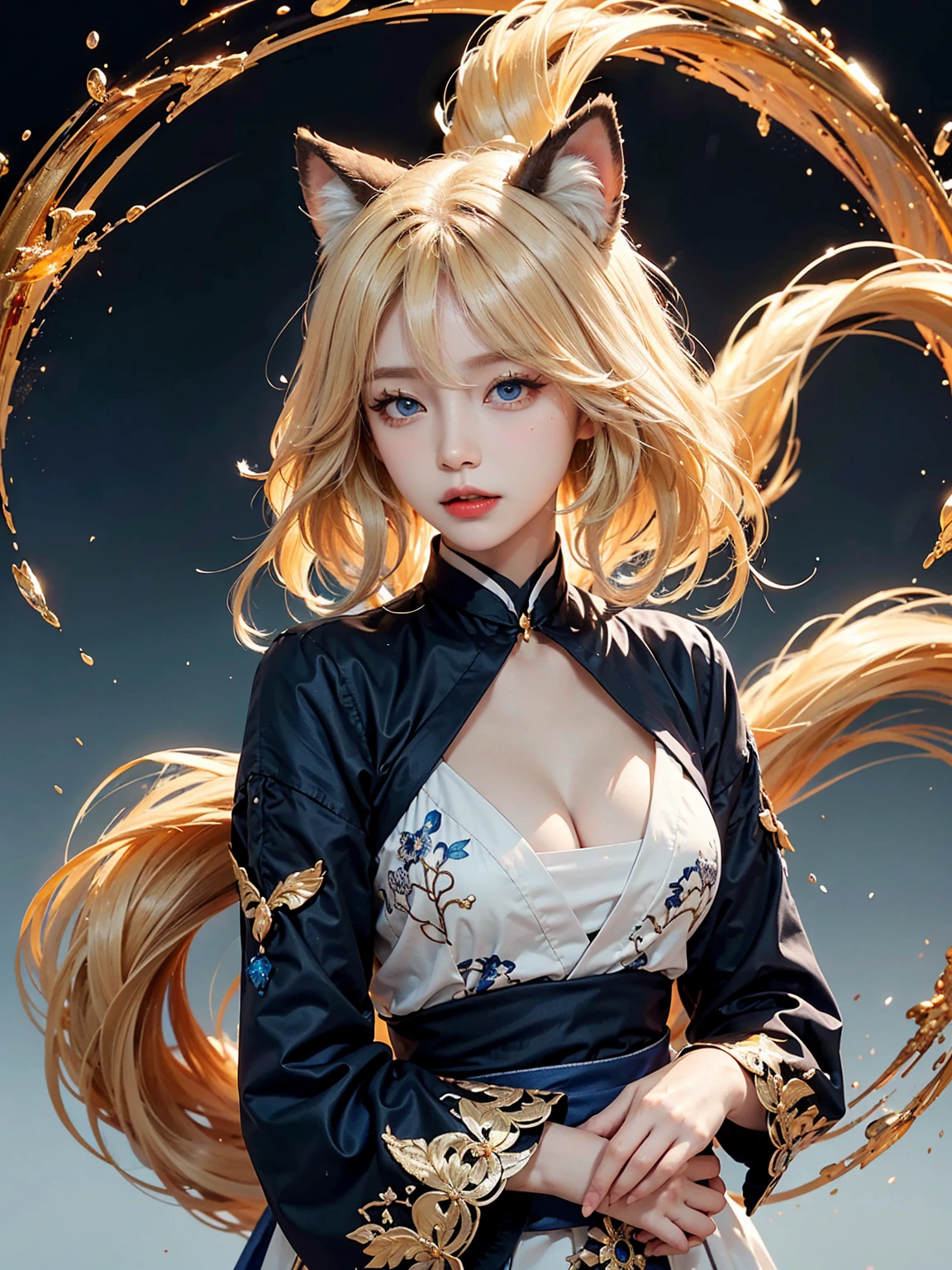 (A Divine Beast), Nine-Tailed Demon Fox, foxes ear, animal ears, animal tails, Dynamic Body Type, (Chinese Monster), Handsome, Splashed Ink, Chinese, 1girl, ((2.5D)), Floating Hair, Beautiful Eyes, Delicate Eyes, Delicate Silhouette, dynamic pose, casual posing, perfect body, perfect anatomy, detailed iris, sparkle eyes, star in eyes, enchanting blue eyes, red lips, sharp eyelashes, (multicolored eyes), (blonde hair:1.3), (long hair:1.3), (hair between eyes), (hair over one eye:1.3), (floating hair:1.3), Fantasy Art, (white and gold Antique Brocade Hanfu), cleavage, FOV, (Masterpiece), Frontal Shot, White Background, (Movie Poster), Sharp, Splash, Cloud, Petals, Empty, Sky, (Wide Angle Lens), Vista