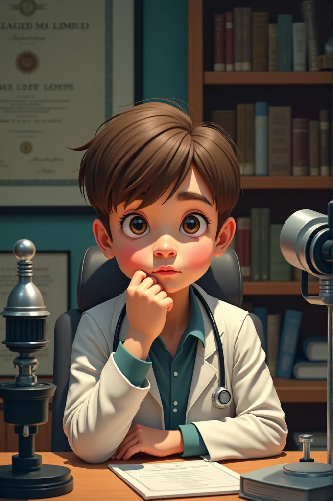 Boy with brown hair, psychoanalysis style,rosy cheeks in a doctor's office,com monoculo