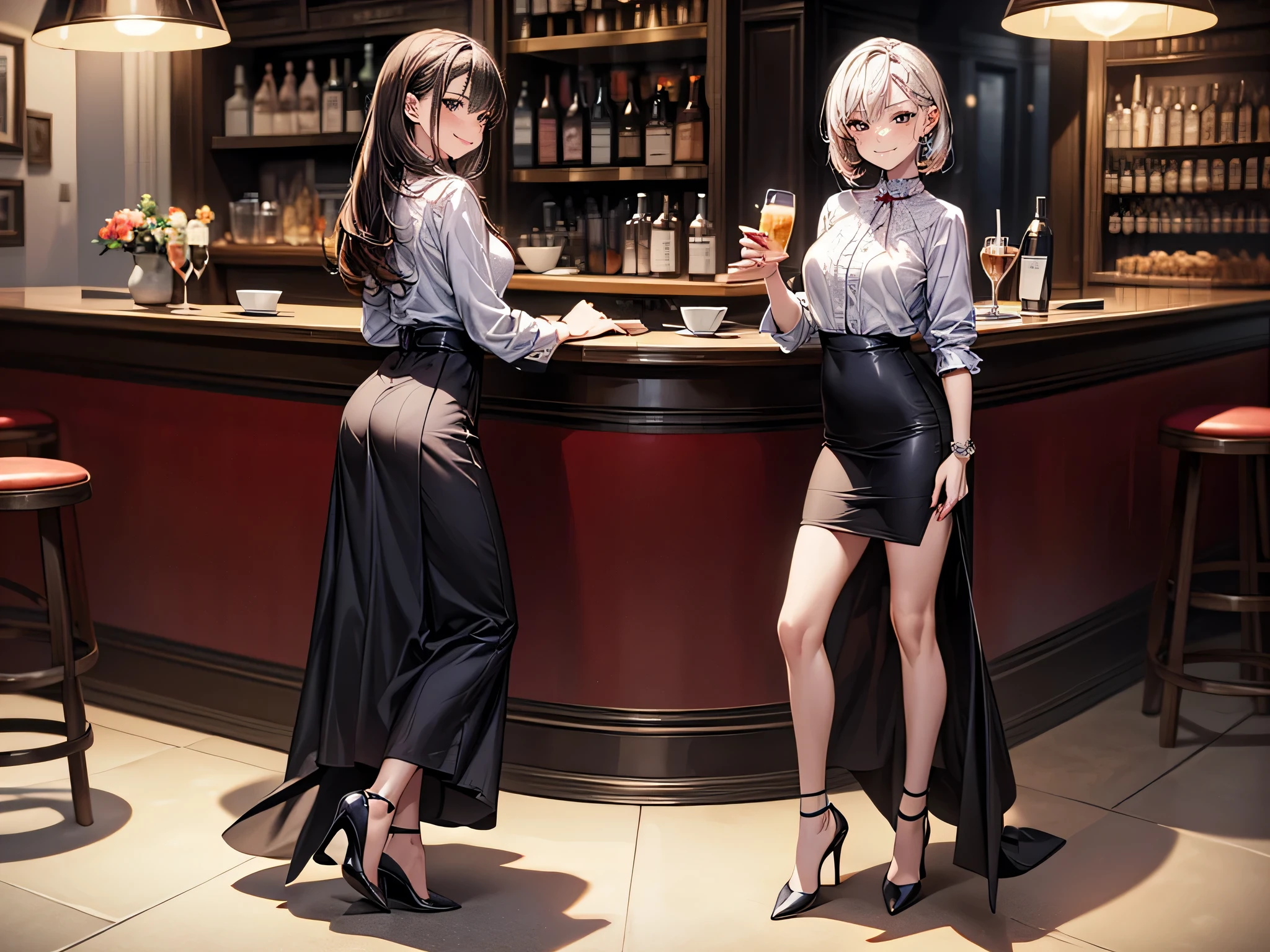 (masterpiece:1.3),(best quality, highest quality),((Full Body Shot,Including face)),girls,4K,masterpiece,((Focus on the face)),((Symmetrical facial features)),Beautiful woman,(Slender),((High heels)),Detailed depiction of the face, Cafe ,pub,profile,Slenderな女性,Jacket,skirt,Age 25,(smirk),OL,lily,bionde,Silver Hair