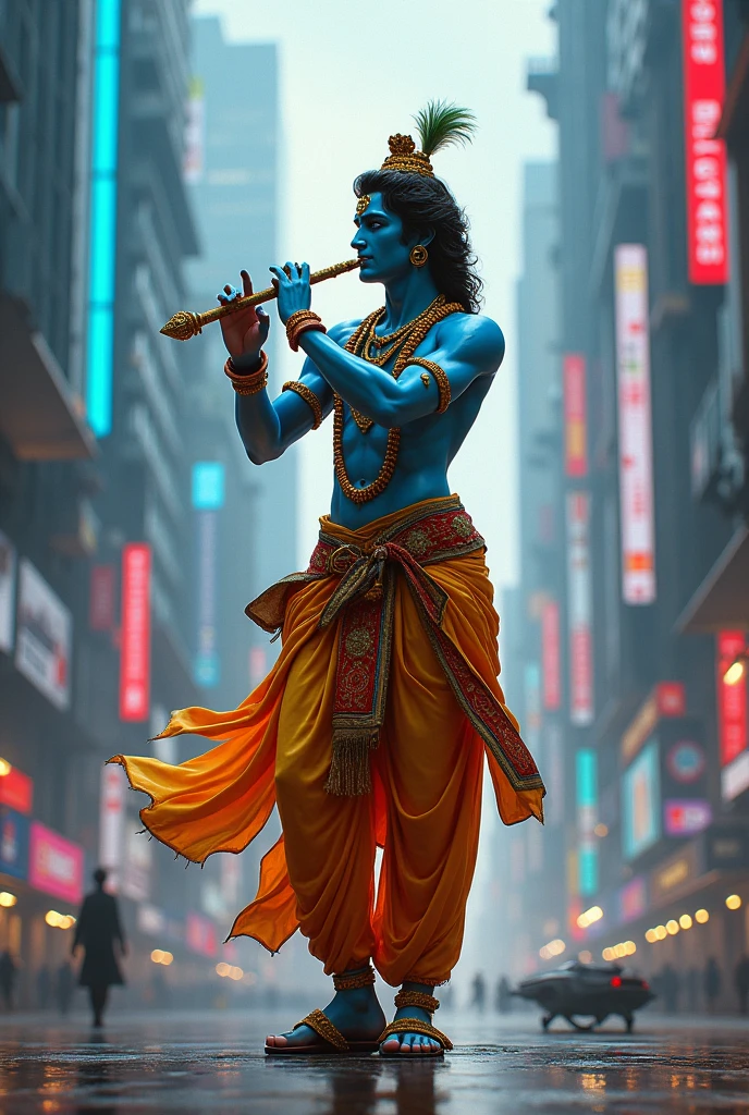 Lord shree krishna flute playung in cyberpunk style in modern look