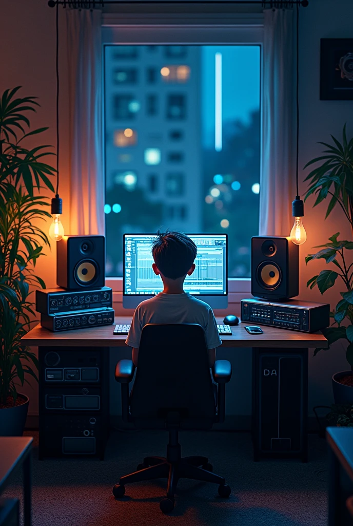 A Young Boy Who is Obsessed with Mysic studio, and he's passion is become musician then he build a virtual mysic room and he sitted infornt of system Focus light on him room was low light