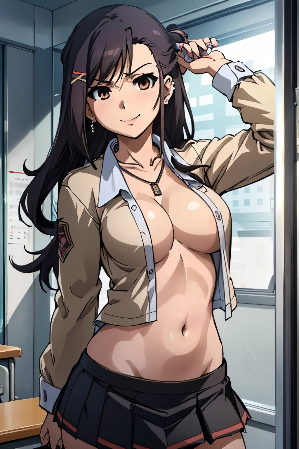 1girl, kanade sakurai, long hair, long hair,, blush, lipstick, Hot girl, baddie, staring, glaring, bad attitude, mean girl, crazy, smoking, sensual, attractive, masterpiece, best quality, ((unbuttoned school uniform, cleavage, necklace, earrings, sexy body,
breasts)) , micro skirt, smiling, navel , exposed belly, exposed navel,(nsfw) not safe for work,school,
classroom , hold a gun,knot, holding pistol