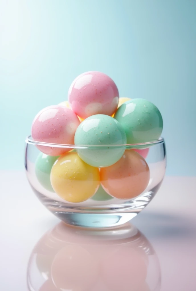 milk balls with colour blue, pink, green, yellow in glass bowl, HD, transparent background 