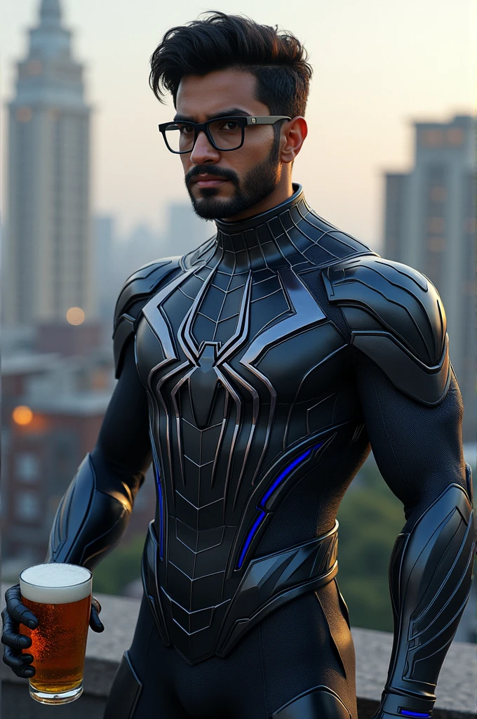In the picture, there is an Indian guy with glasses, a short beard, and fuller cheeks, giving him a more nerdy appearance. He then transforms into an Indian Spider-Man in a black, blue, and gray suit. His name is Kunal Kumar. In this suit, he goes to drink beer on the rooftop.
