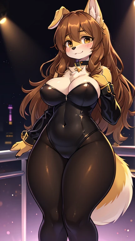 best quality, best resolution, (fluffy anthro furry), golden retriever girl, brown hair, curly hair, dog easr, (light yellow fur), medium breast, thick thighs, (black bunny suit, pantyhose), nightclub