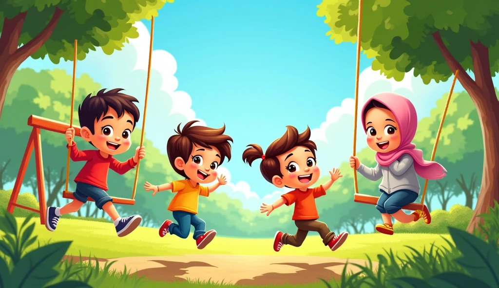 **Children Playing in the Park**: Show Ahmed, Marium, Ali, and Fatima happily playing on swings and other playground equipment in a bright, cheerful park.Cartoon