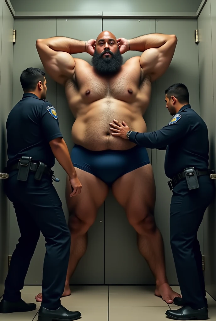 A huge muscular giant mixed race man from Brazil, bearded and hairy, standing, in navy blue underwear, inside the changing room of a store, with your legs wide apart from each other, with hands raised behind head, having his underwear pulled off by the two police officers.