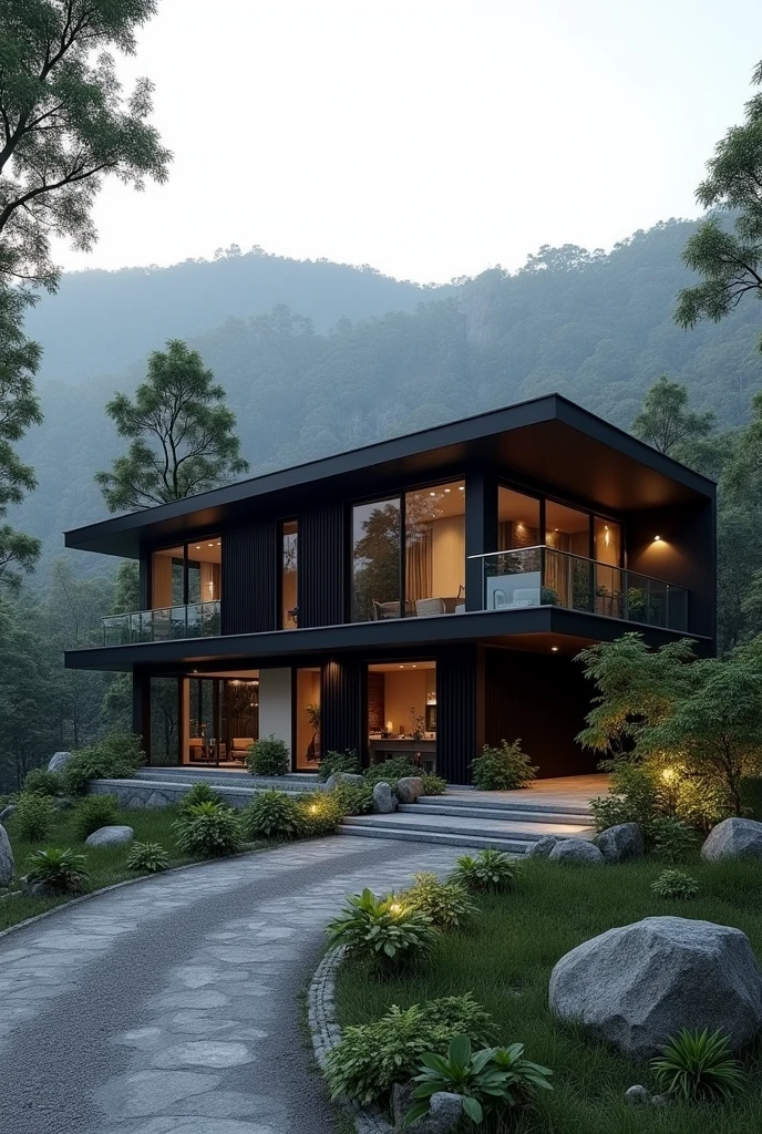 A villa house ,medium size ,black and gray color,under 5 lakh budget,on a roadside mountain forest site in india
