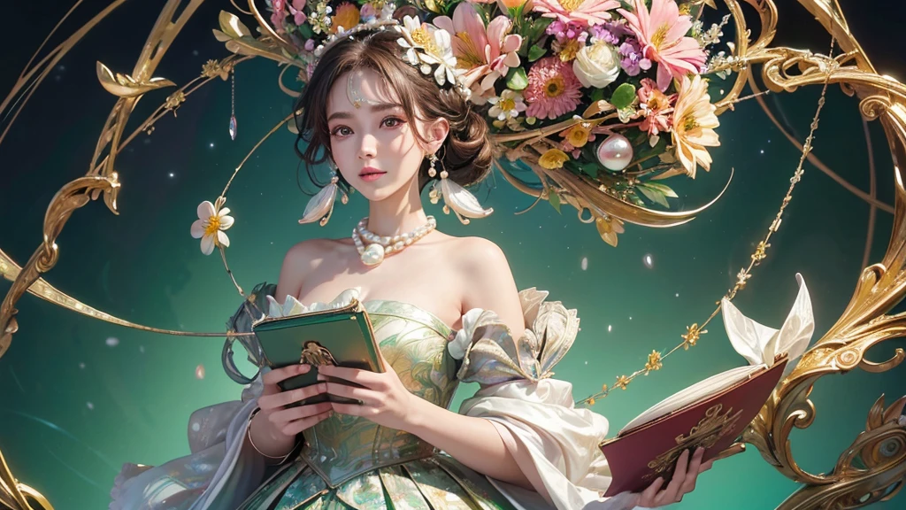 32K, 最高quality, 最高masterpiece, (ultra-Detailed Background, Detailed Background), High resolution, Super detailed, Very detailedな, 1 personの, (bouquet:1.3), (Tangled:1.2), (Geometric:1.2),(colorful),(masterpiece, quality, best quality, Official Art, Beautiful and beautiful:1.2), (1 person:1.3), Very detailed,(colorful:1.1)(Flowers:1.3),Most detailed,(Tangled:1.2), whole body, (Abstract background:1.3), (Skin glows), (Many colors:1.4), ,(Earrings Pearl:1.5), Light green background, It's imaginative., Brunette Hair, Updo, Holding a book, Holding a pen, Satin shirt