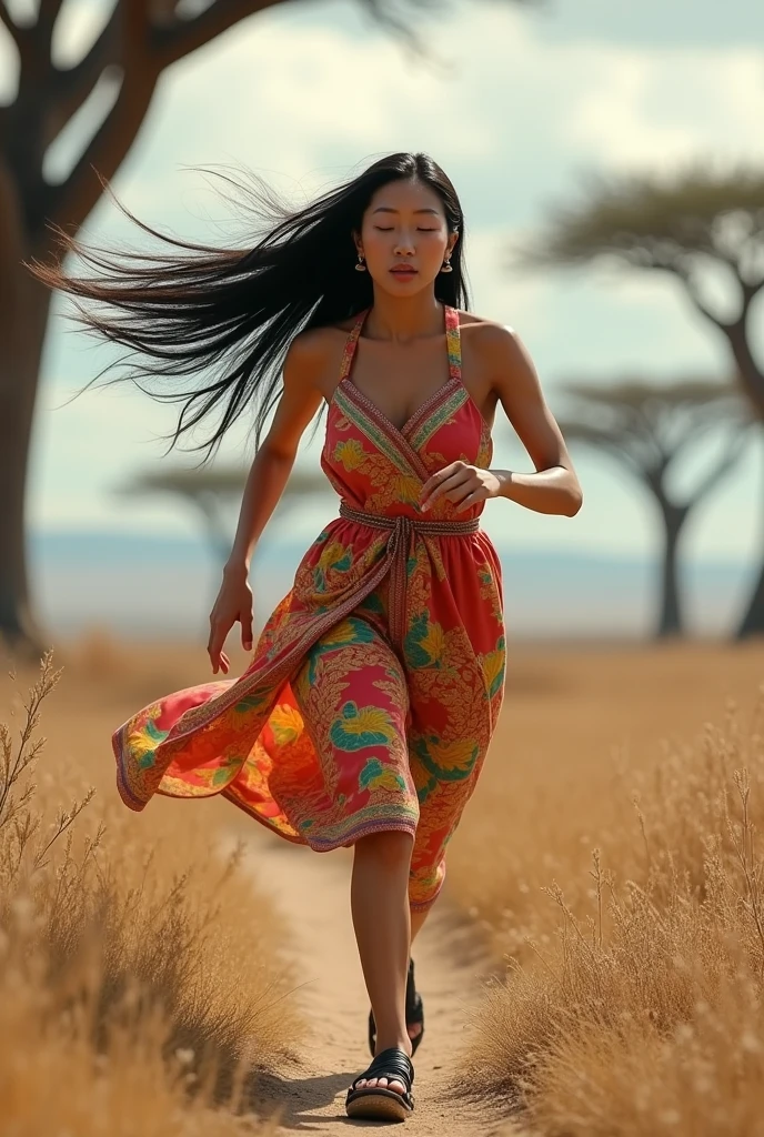 (photorealism:1.2), an Asian woman with long black hair, wearing colorful dresses, black sandals, is running on the dry grass savanna, there are large dry trees, the sky is cloudy
