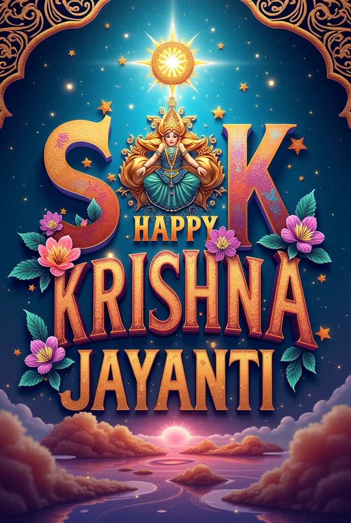 Generate a image wishing happy Krishna jayanthi to letters S T A K , Middle part should contain the wish happy Krishna jayanthi and around it 4 the letters "S", "T","A","K". Make it beautiful. Use Only 4 LETTERS and use each letter only once.