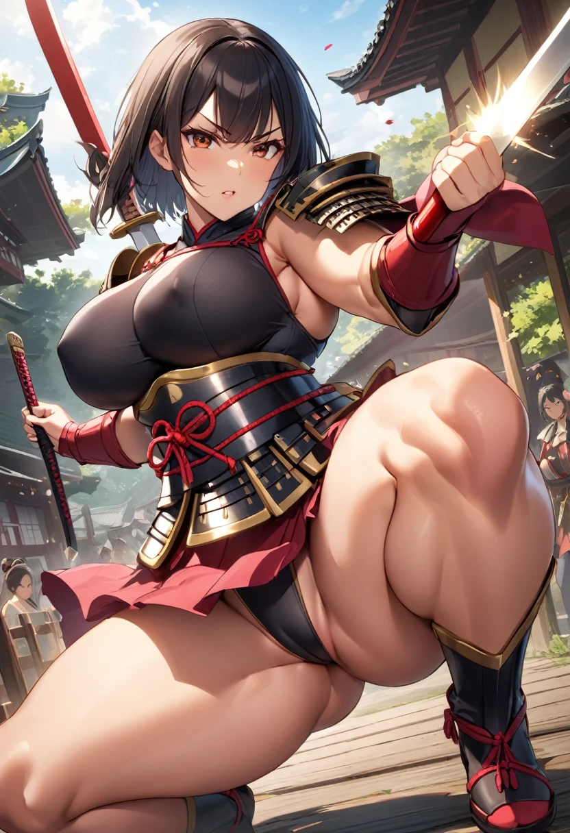 ((One Japanese woman))、((Fighting Women))、((Kenshu))、((Uplifting))、((Speed))、((Leg spread))、((Jump))、((Swinging the Sword))、(Irregular black hair)、(short hair)、(Brown Skin)、((Warrior Princess))、((Female Generals))、(Goddess of War)、((Old Japanese Armor))、((Holding the Japan sword))、(True to prompts)、(Deluxe)、(Feminine hourglass curves)、(Muscular)、(Glaring with sharp eyes)、(sexy)、(((Huge huge breasts)))、(Big Ass)、(Thick thighs)、((Outdoor))、((what'Left behind))、((Large number of spectators))、((sunny))、((blue sky))、(Best lighting)、{{{Browsing Caution}}}、{{{masterpiece}}}, {{{Highest quality}}}, {{ultra-detailed}}, {{shape}}, {{{Very delicate and beautiful}}},{{extremely detailed CG}}、{{unity 8k portrait}}、{{Fabric Shading}}、{{super detailed skin}}、{{Perfect Anatomy}}、{{detailed}}、{{Dynamic Lighting}}、{{{beautiful detailed eyes}}}、{{{beautiful detailed Face}}}、{{{Realistic, RAW Photos}}}、(Perfect Face)、(非常にdetailedな顔)、(Perfect Eyes)、(Perfect Legs)、(Perfect breasts)、(Perfect pose)、(Perfect body)