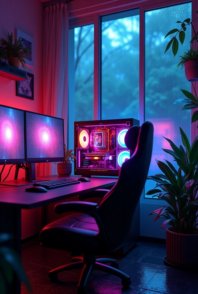   full rainy weather  in gaming computer with full rgb gaming room