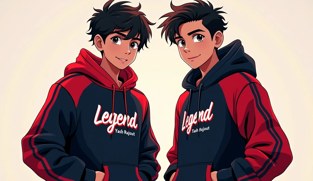 A vibrant and engaging anime-style 2 boy .He iswearing a black and red hoodie with the Channel name Legend Yash Rajput ' 'Legend Yash Rajput' aesthetic with professional lighting, making the character stand out. The image is highly engaging and attract Show full body
