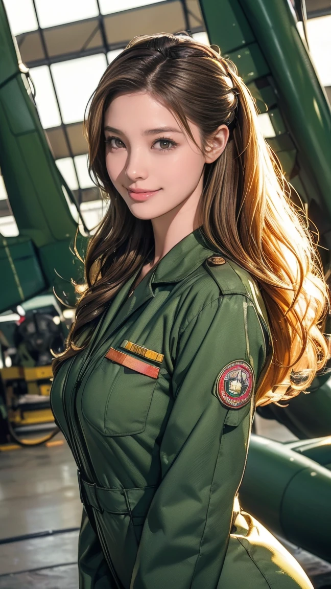 (Very detailed, Realistic, Highest quality, 4K, 8k, High resolution, masterpiece:1.3), An attractive flight attendant with a graceful and elegant figure. Erin Anderson is tall and slender, long, Long, wavy, golden blonde hair styled in loose curls. Long hair that reaches down to the buttocks.She has attractive, friendly, bright green eyes.(Long hair that reaches down to the buttocks:1.5)((とてもlong髪))((Smile、Embarrassed smile))((Realistic image of a extremely pretty female Aircraft mechanic, solo), Inside a spacious Aircraft hangar, Monoplane fighters of the World War II era line the background, Aircraft parts scattered on the floor, Tools for maintenance, She does aircraft maintenance, (wearing Military camouflage patterned Long-sleeved mechanic's coverall), (wearing mechanic's heavy-duty glove), (Wearing a headset), her hair is tied back later, very professional mechanic, inscrutable smile