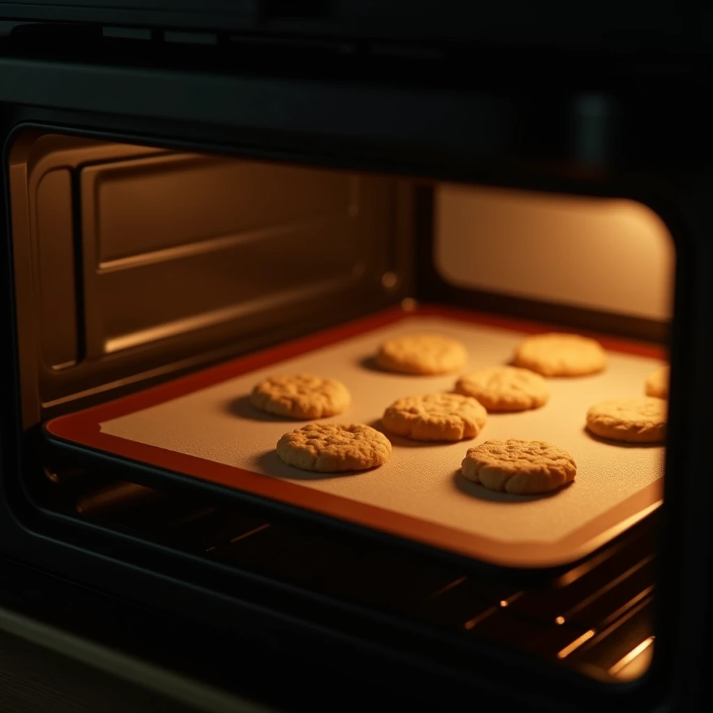 "Cookies baking in a black modern oven with no items on top, orange lighting, no people present, focus on the oven, with round cookies on a silicone mat placed on an oven tray, baking."