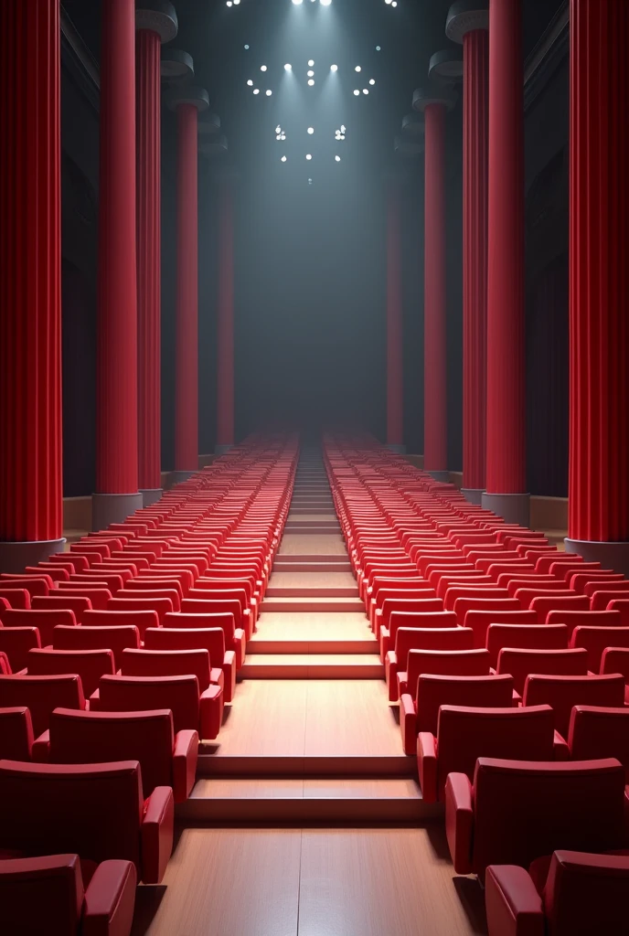 3d design of theatre that has 1078 seats and the first row has 25 seats and add 8 after 25 as the seats goes up to reach the 1078 seats and curved design simple the pov is on the stage 14 coloumns only countable