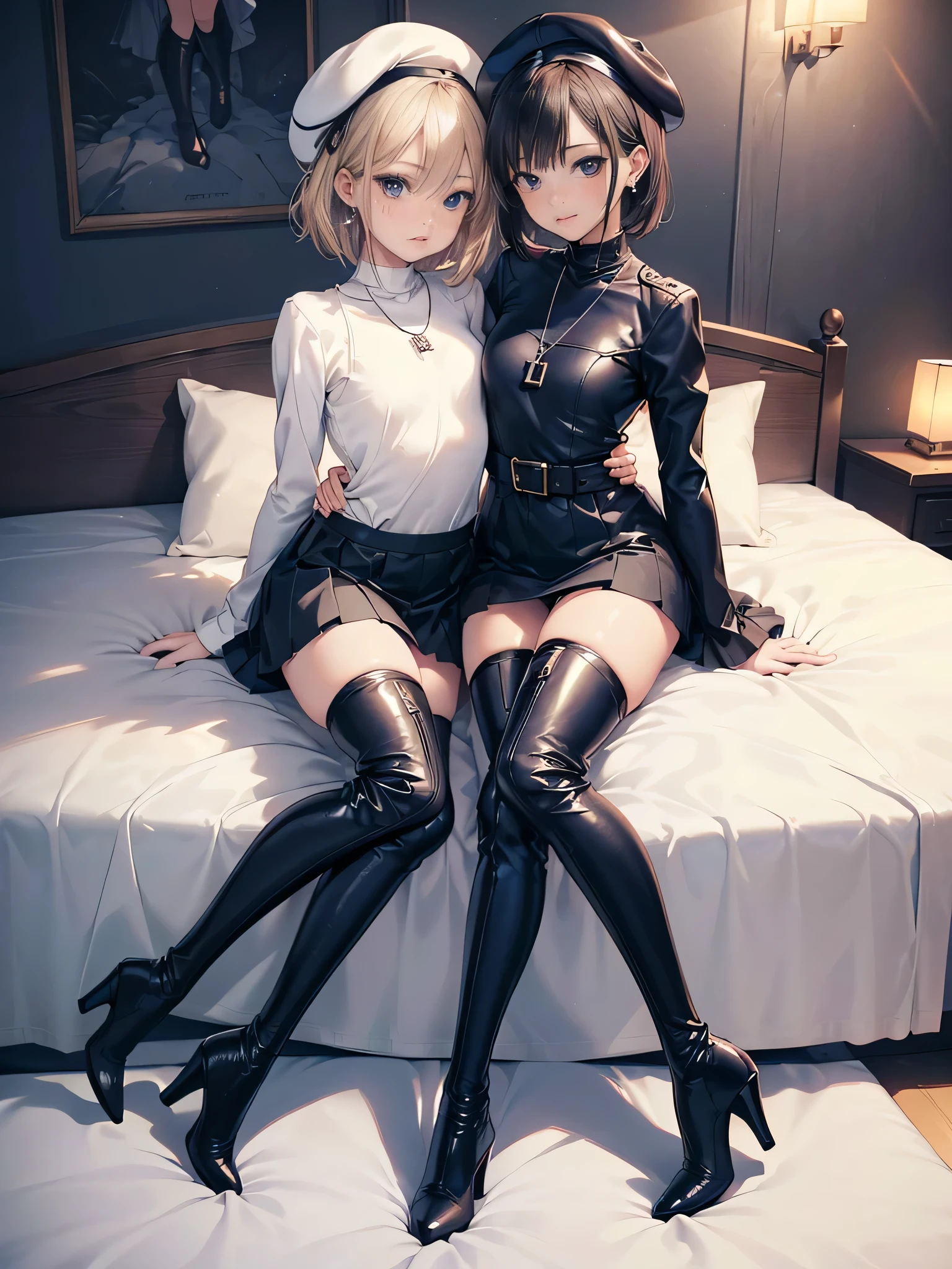((Biologically correct limb count)),(( From head to toe,Full-body photo including face)),4K,masterpiece,((Focus on the face)),((Symmetrical facial features)),Eyes with detailed description,Beautiful woman,Great style,Beautiful arms,Beautiful legs,Beautiful Hands,(Small Ass,Thin thighs),Detailed depiction of the face,Small earrings,necklace,(Navy leather clothes,skirt((High heels,Thigh-high boots))),Fantastic photos,Short Hair,Stand at an angle,Meeting,Alluring,beret,(indoor、bed、Tokyo;1.2),Hold your knees,2girls