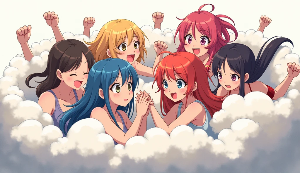 An anime-style illustration depicting many girls playfully wrestling with each other inside a comical fight cloud.
each girl has different colored hair.
their faces,hands,and feet are visible emerging from the cloud as they tussle humorously, with the rest of their bodies completely hidden inside the cloud.
the illustration emphasizes the humorous and energetic nature of their scuffle,with a fluffy and exaggerated fight cloud.