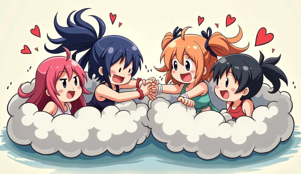 An anime-style illustration depicting many girls playfully wrestling with each other inside a  comical fight cloud.
each girl has different  colored hair.
their faces,hands,and feet are visible emerging from the cloud as they tussle humorously,  with the rest of their bodies completely hidden inside the cloud.
the illustration emphasizes the humorous and energetic nature of their scuffle,with a fluffy  and exaggerated fight cloud.